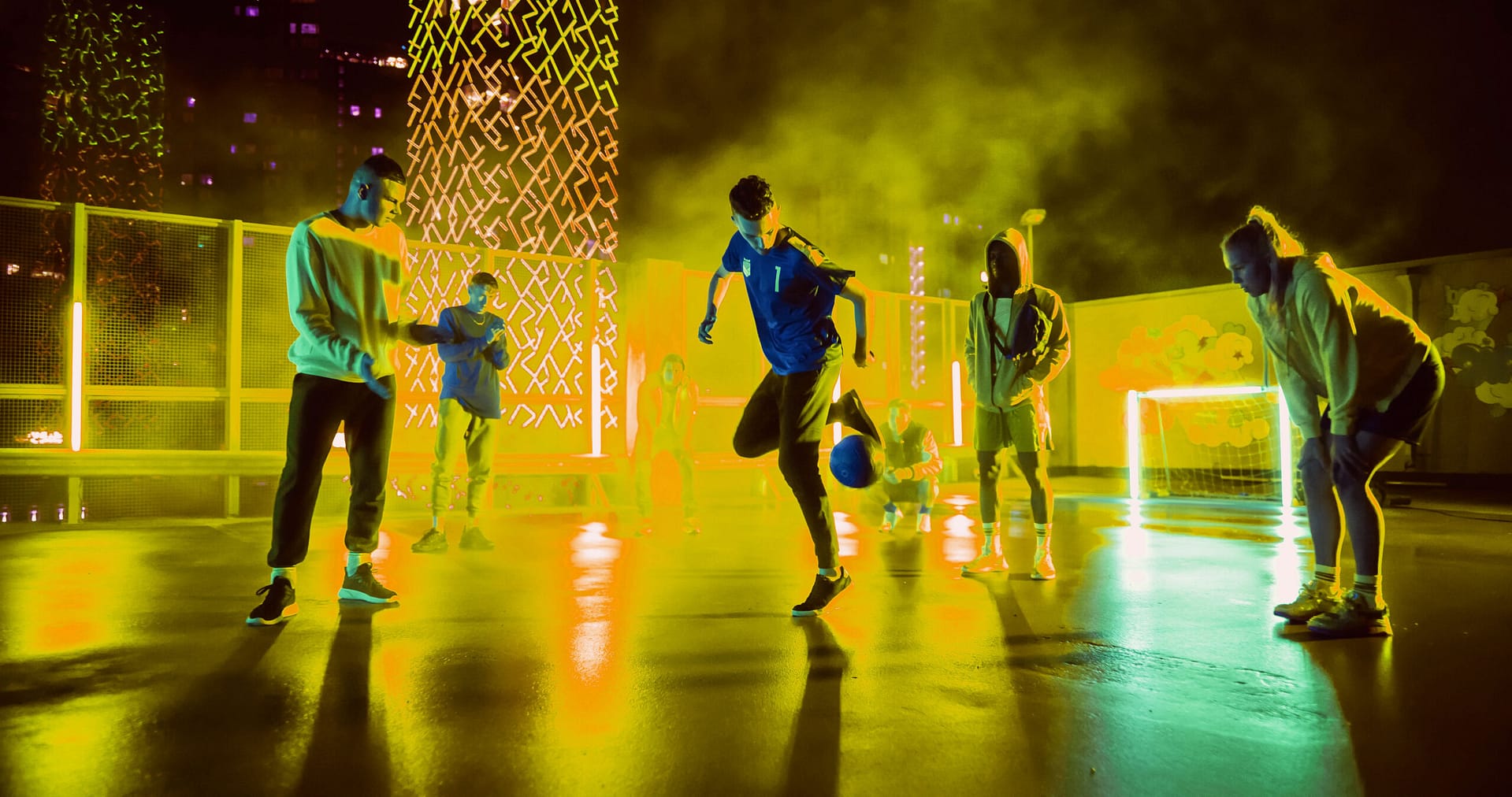 Neon yellow lights abstracted over woman's face