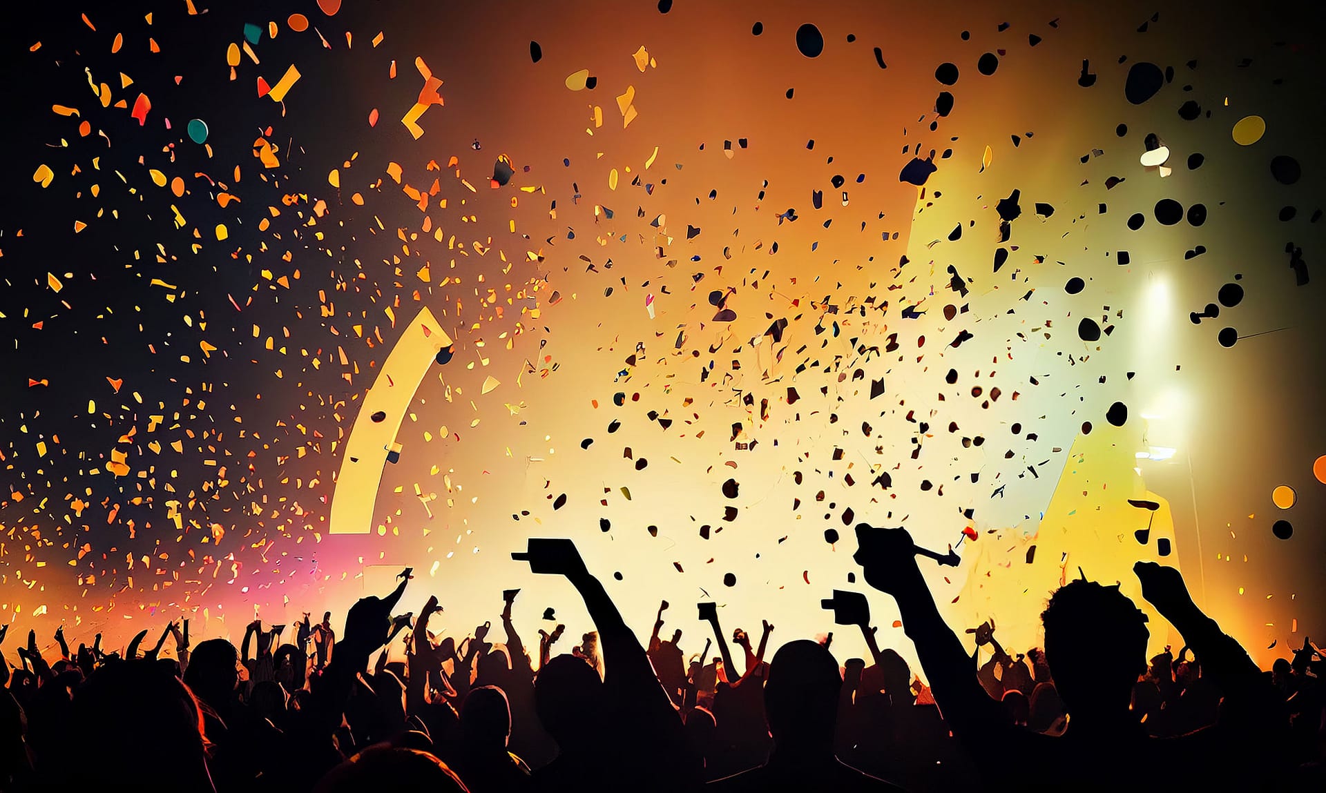 bright yellow light show and confetti falling over a crowd during a concert